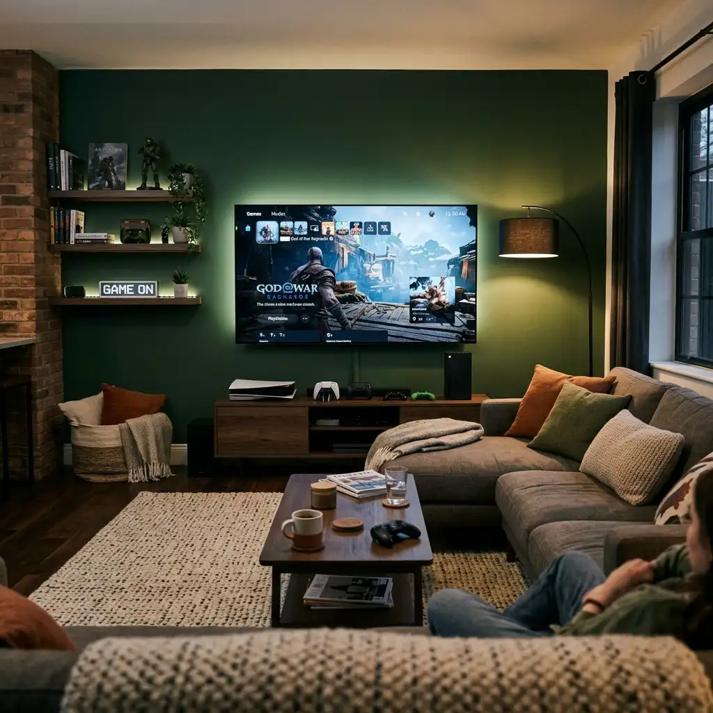 Console gaming lounge with forest green matte wall, low sectional, wool rug, and 75-inch wall-mounted TV