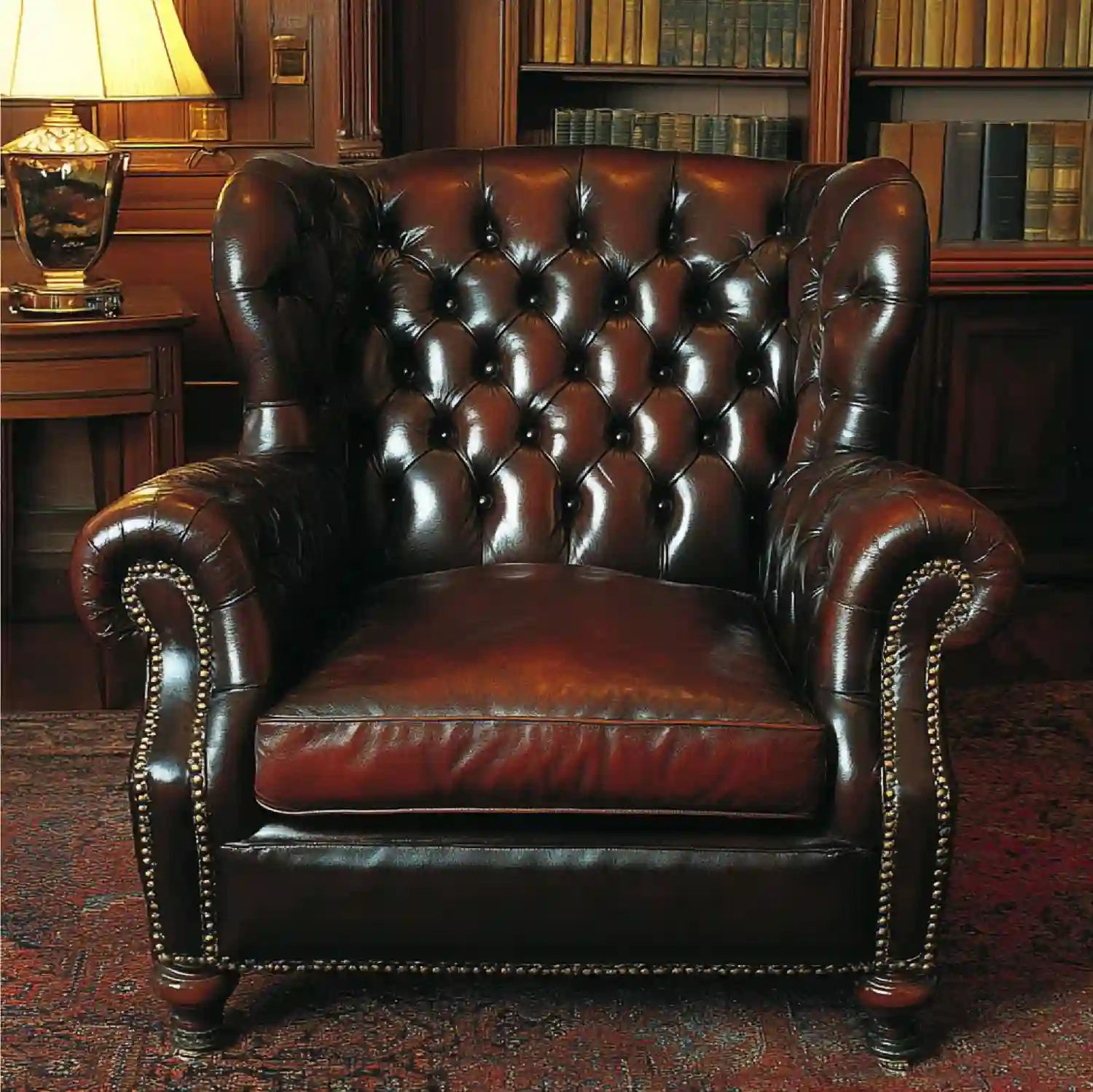 Distressed cognac full-grain leather club chair with visible patina beside a wood side table