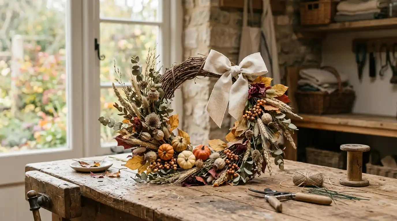 Finished handmade fall wreath with a grapevine base, dried stems, and warm cream ribbon on a workbench