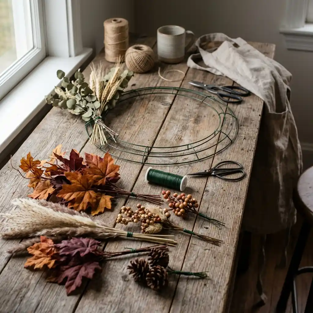 Step-by-step DIY fall wreath build in progress with a wire frame, stem bundles, and tools laid out