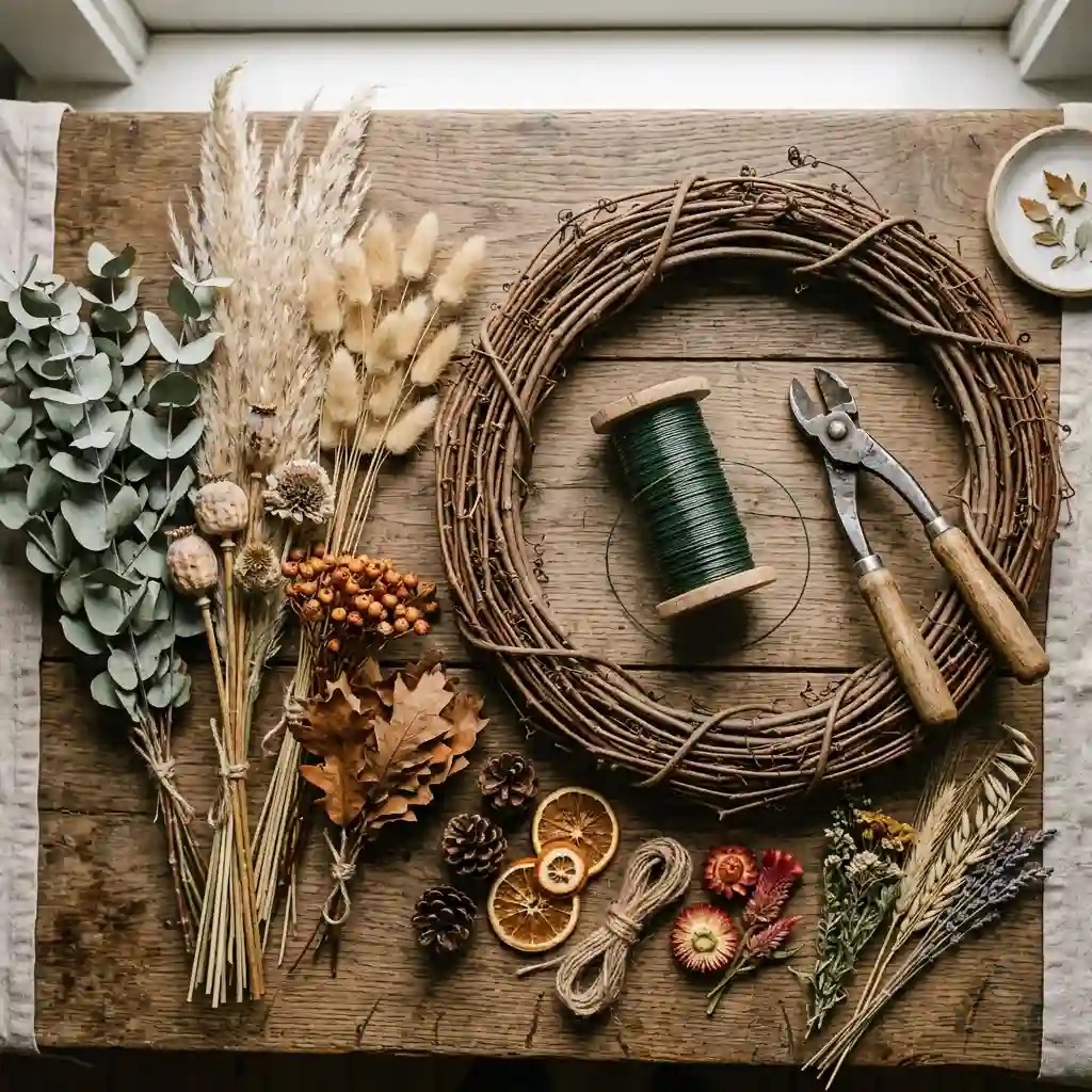 Flat lay of wreath-making supplies including paddle wire, dried stems, wire cutters, and a grapevine base