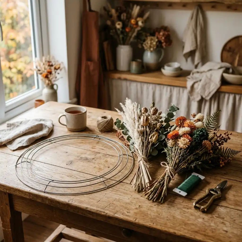 Bare wire wreath frame bundled with dried floral stems and paddle wire as a DIY kit