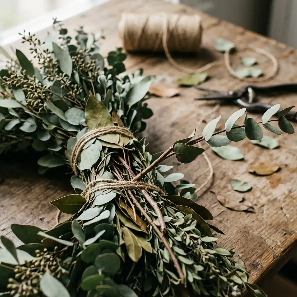 Bundle of fresh eucalyptus and bay tied with twine on a rustic table beside a twine spool and floral shears