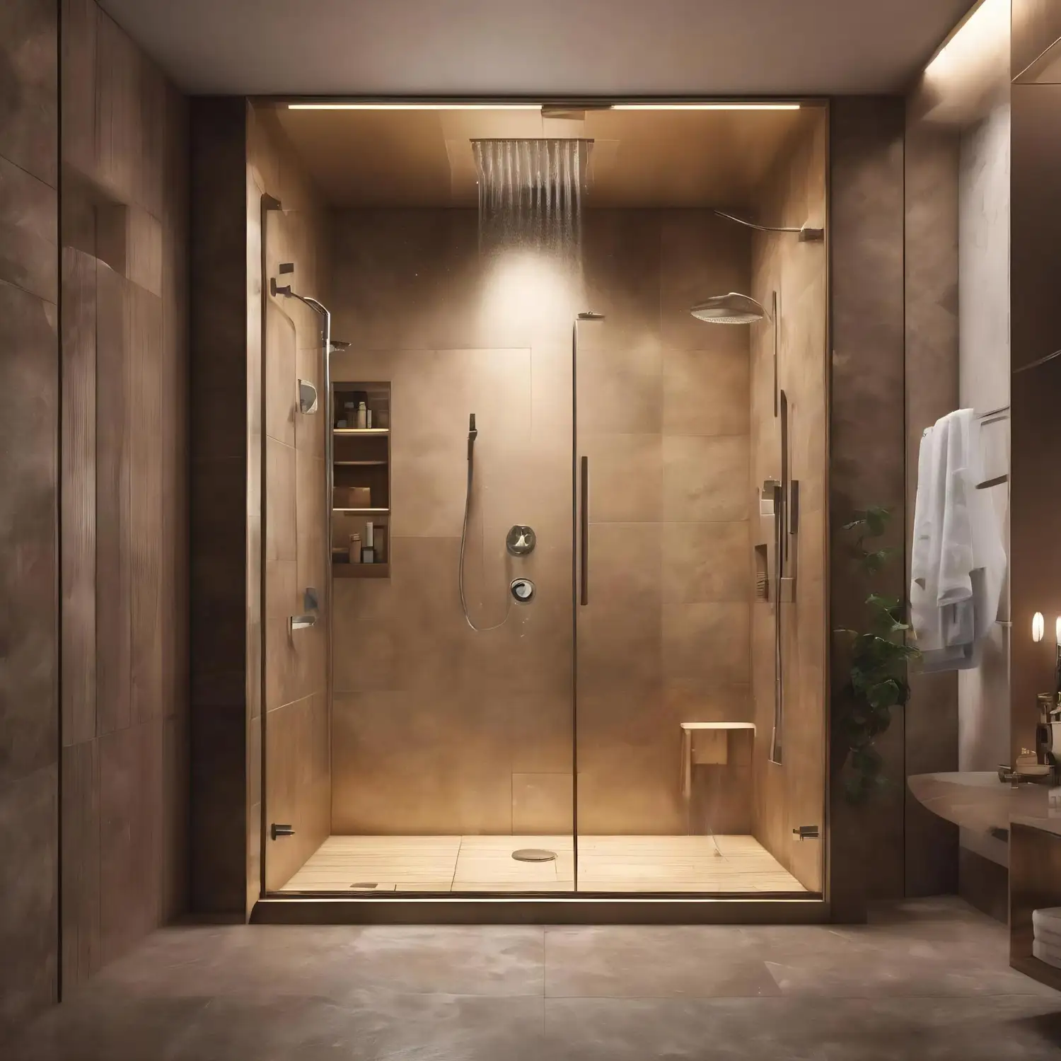 Doorless walk-in shower open to a bright bathroom with continuous floor tile and warm wood vanity