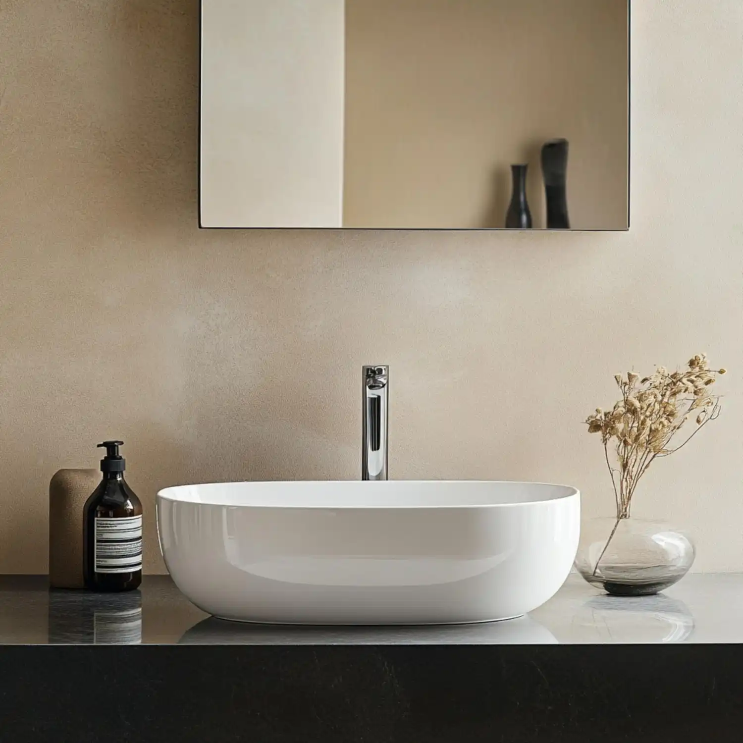 Uncluttered vanity with one linen towel, a stone tray, and a single warm sconce beside the mirror