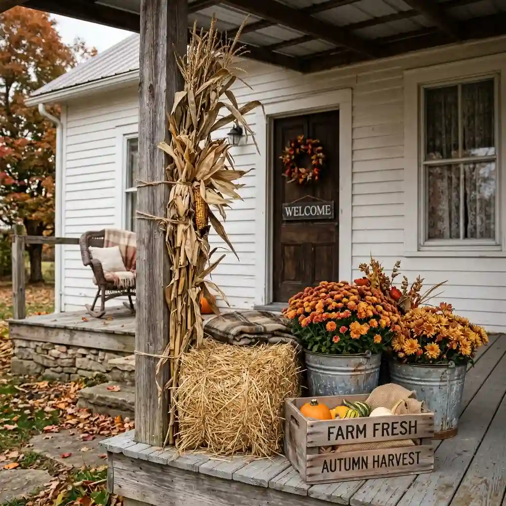 Sheltered porch with bundled wheat and broom corn in terracotta urns and a bare grapevine wreath on the door