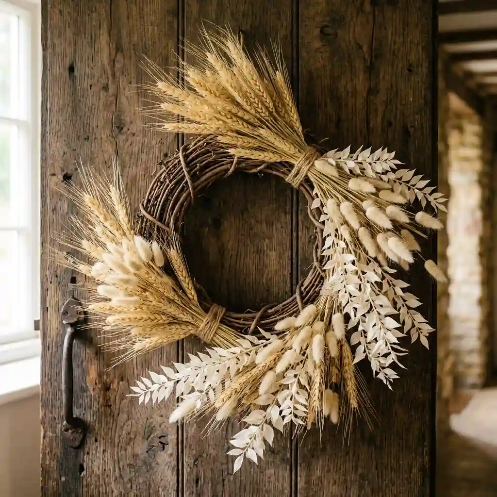 Harvest wreath of wheat, bunny tail grass and bleached ruscus fanned across a grapevine ring