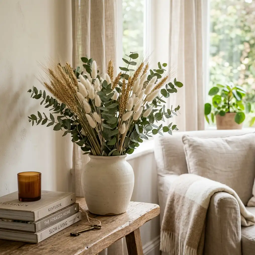 Bunches of dried wheat, bunny tails and preserved eucalyptus arranged in a cream ceramic vase