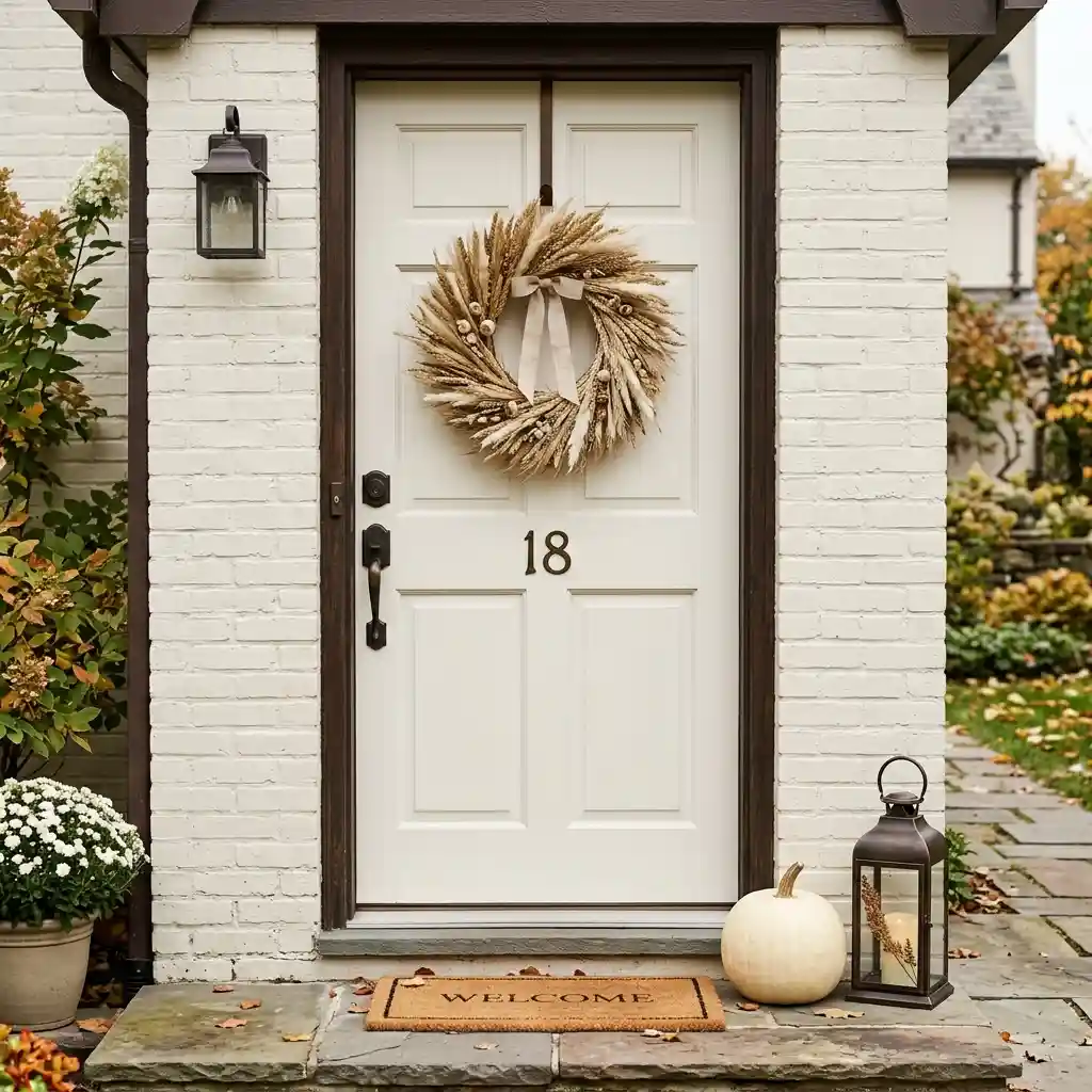 Neutral dried wheat wreath on a painted front door beside a white pumpkin and a small lantern