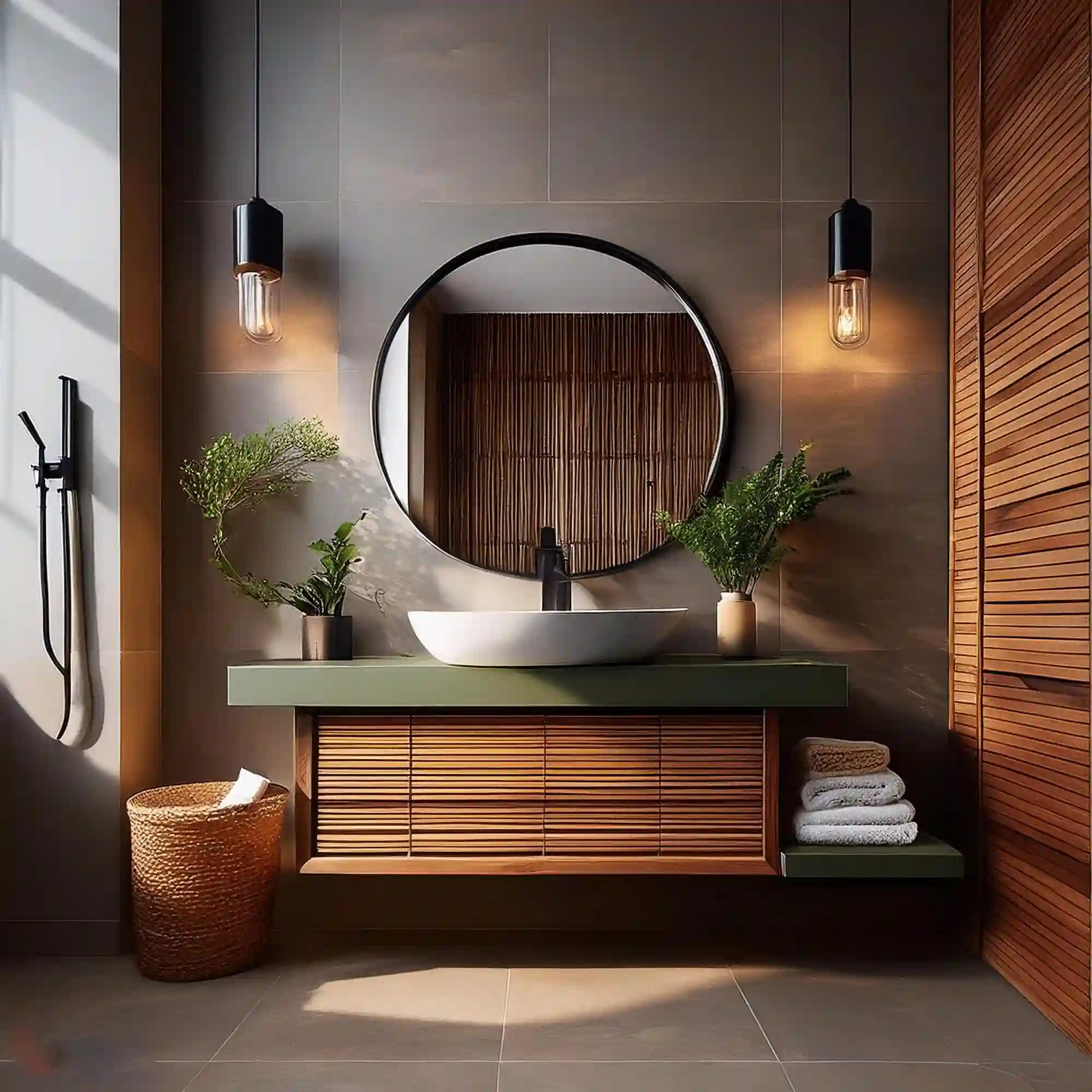 Driftwood-finish bathroom vanity with brass hardware and warm wood grain