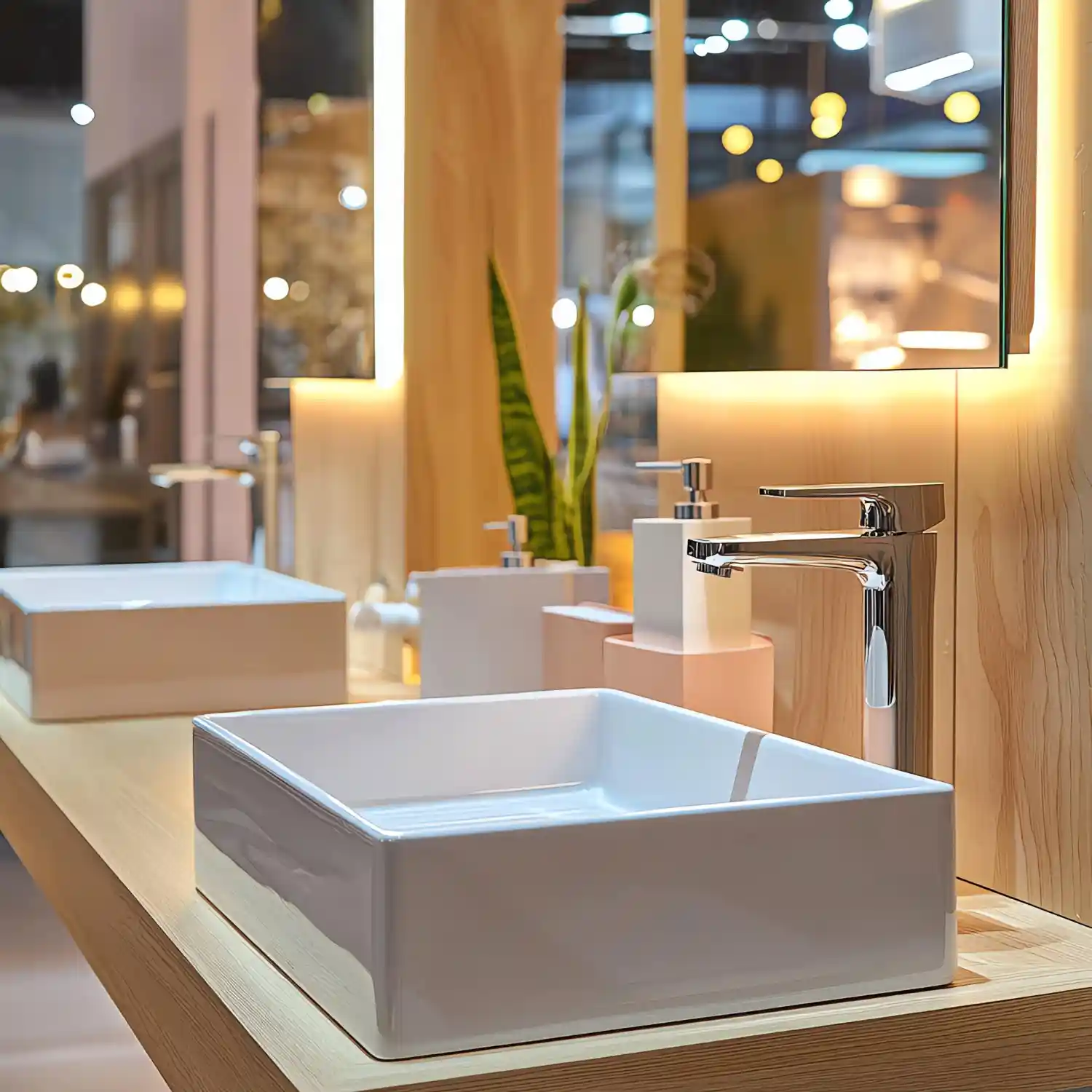Drop-in ceramic sink resting on a laminate vanity counter with a visible rim and chrome faucet