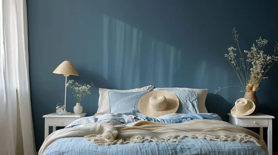 Dusty blue bedroom with cream linen bedding, rattan headboard, and warm oak nightstand in soft morning light
