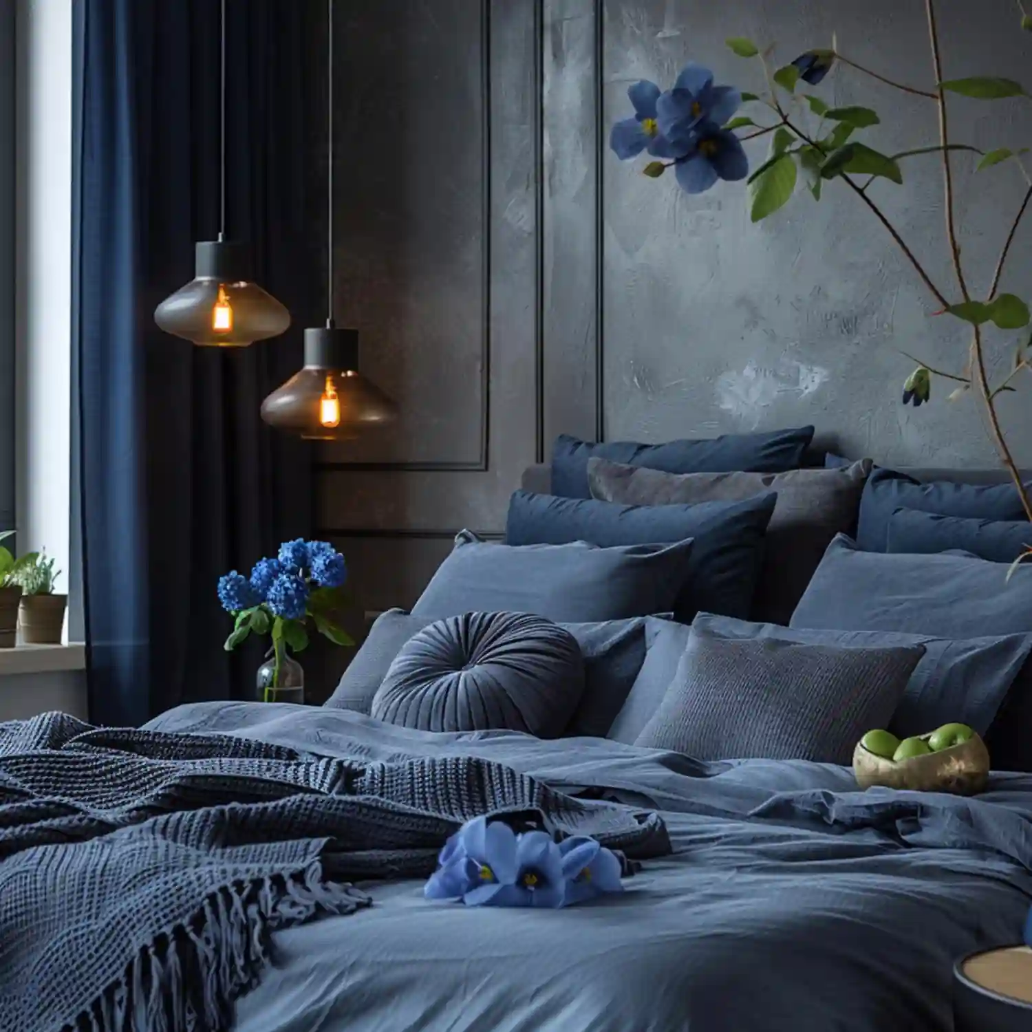 Dusty blue bedroom with dusty rose velvet throw and blush shams creating a soft warm-cool palette on a linen bed