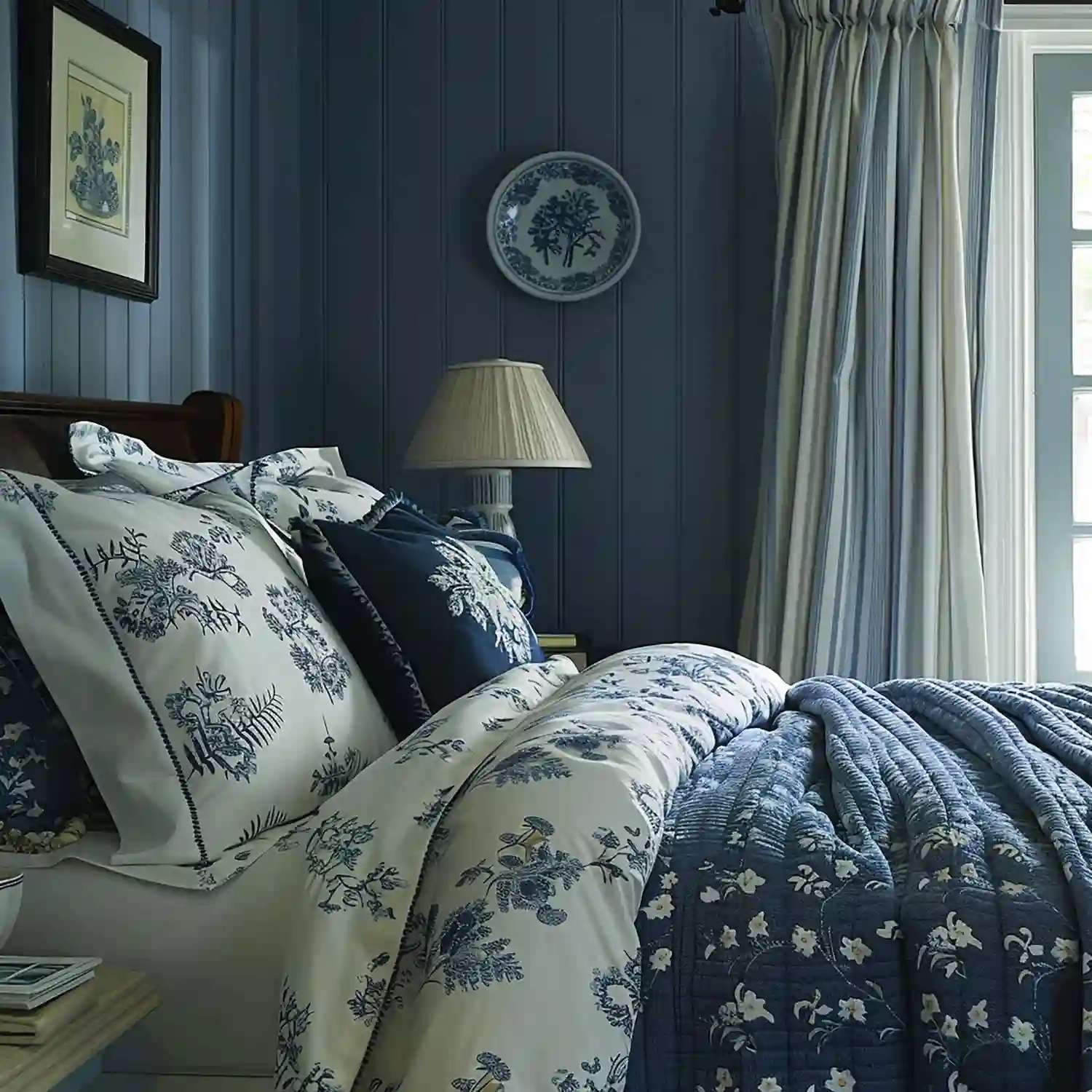Full dusty blue colour drench bedroom with walls and ceiling in soft grey-blue, cream linen bedding and oak frame