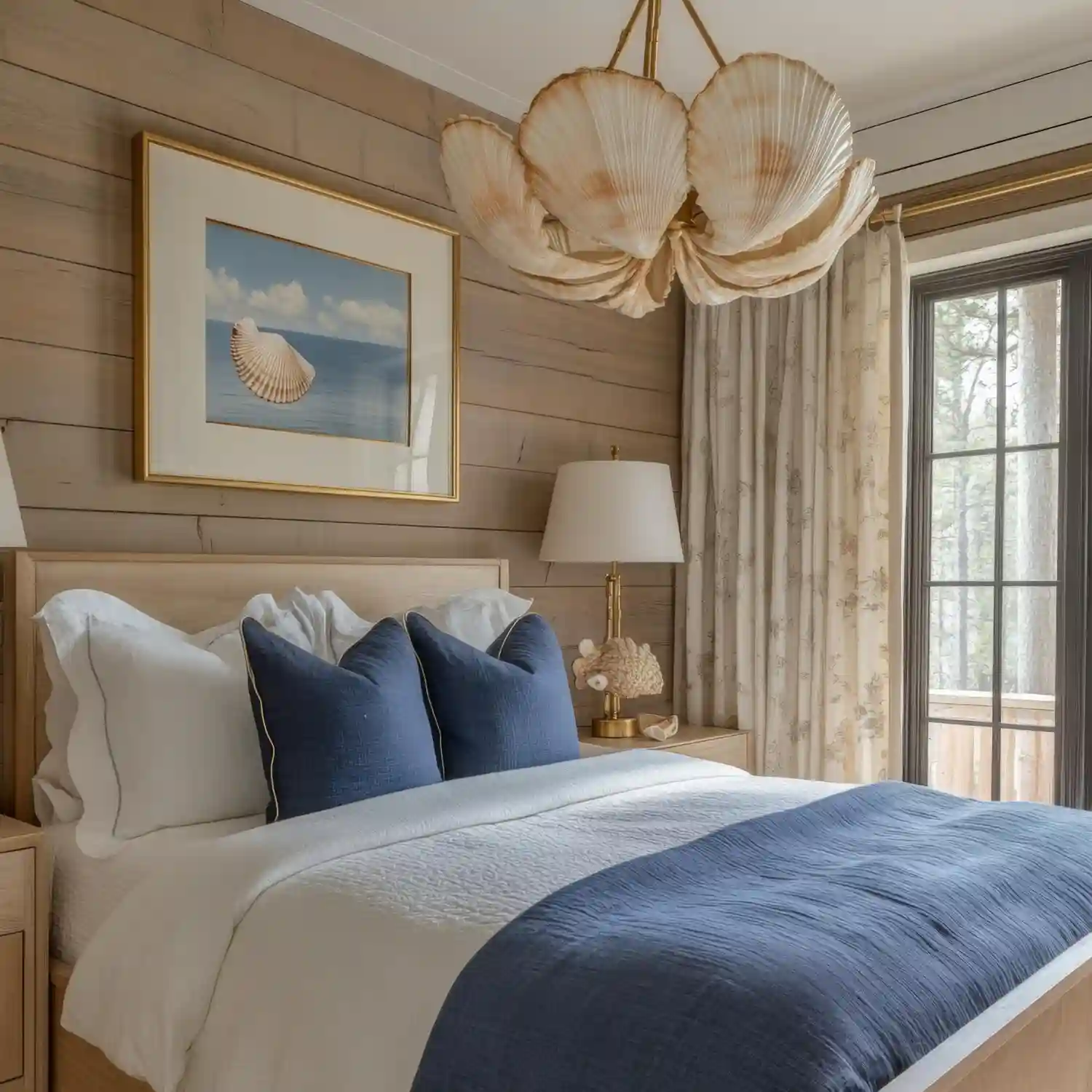 Dusty blue and warm cream bedroom with linen curtains, jute rug, and layered natural textiles in soft daylight