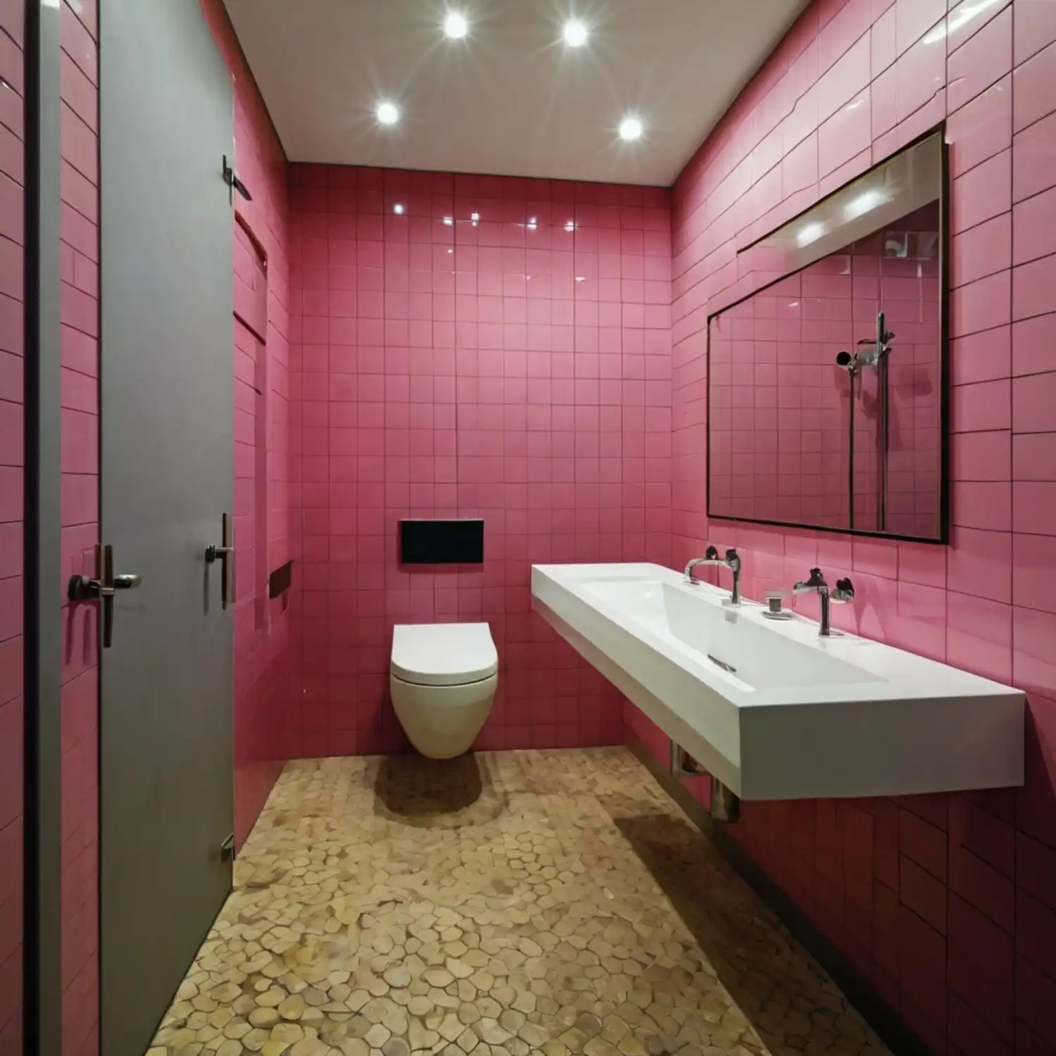 Small powder room painted dusty rose with matte black faucet and mirror frame