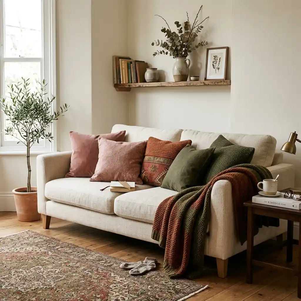 Dusty rose cushions paired with rust and deep olive textiles on a warm cream linen sofa