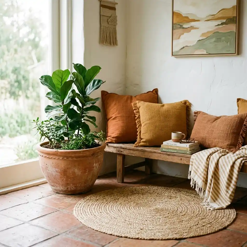 Sunlit corner with wide terracotta floor pot, jute rug and ochre cushions against a white wall