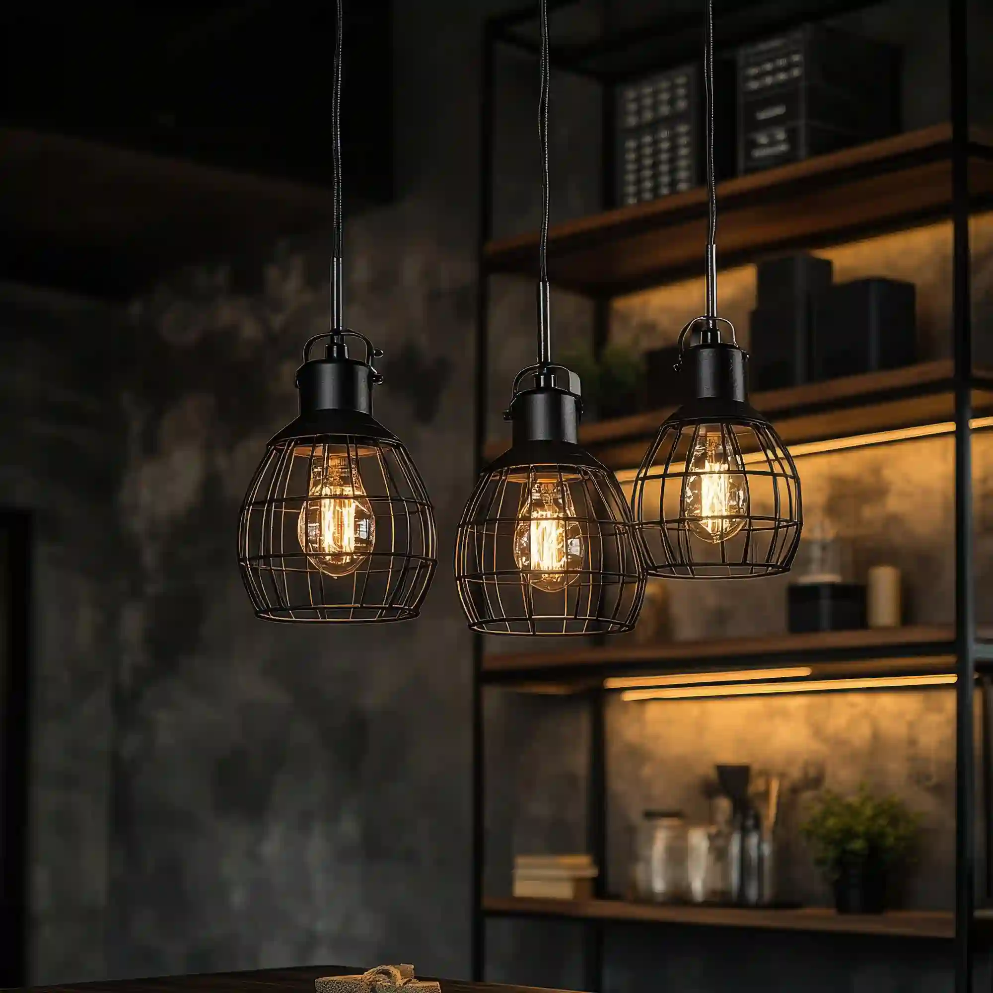 Caged Edison pendant lights glowing warm amber over a rustic man cave bar