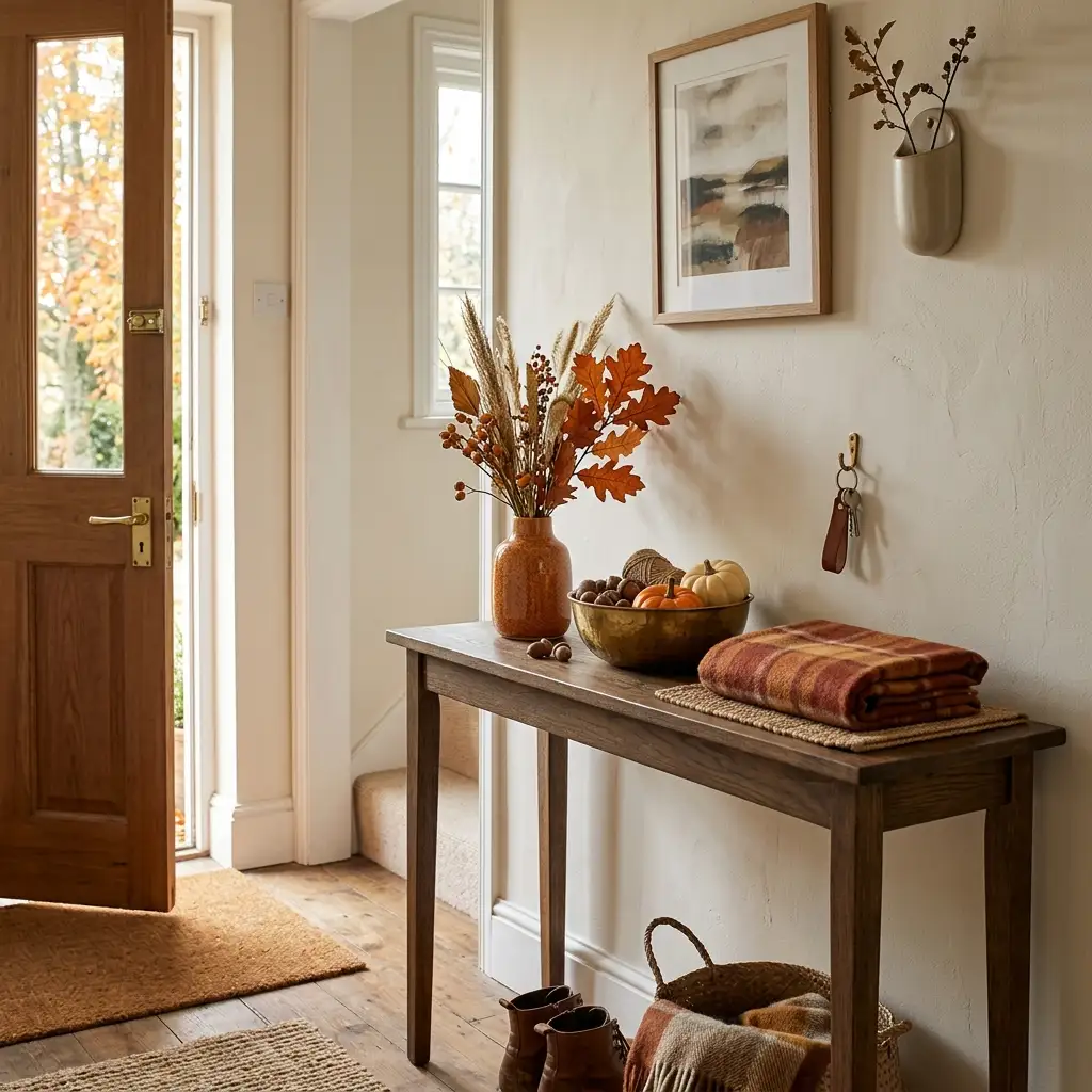 Narrow hallway table styled with three warm-toned autumn objects within reach of the front door