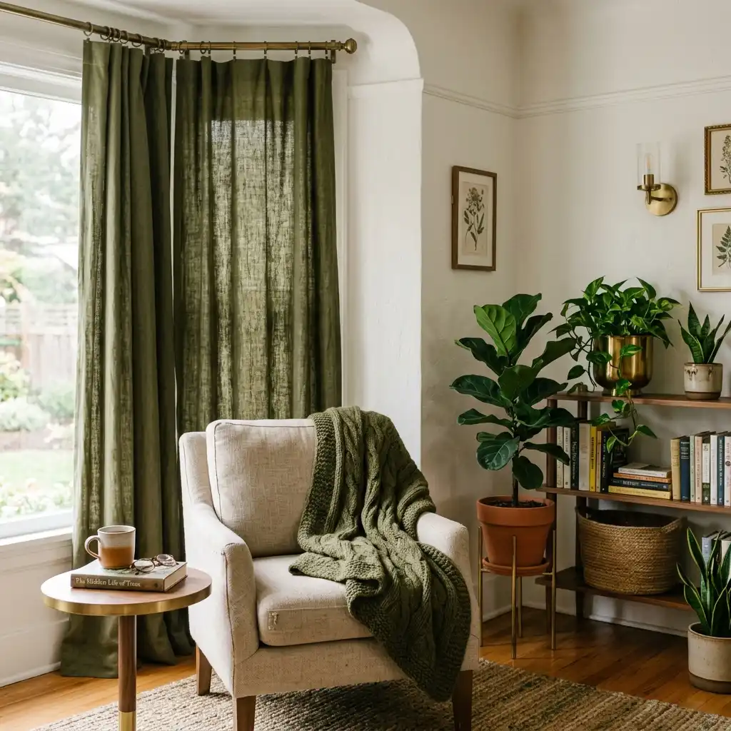 Olive green linen curtains and a chunky olive knit throw on a cream armchair in a warm white room with a brass sconce and live plants