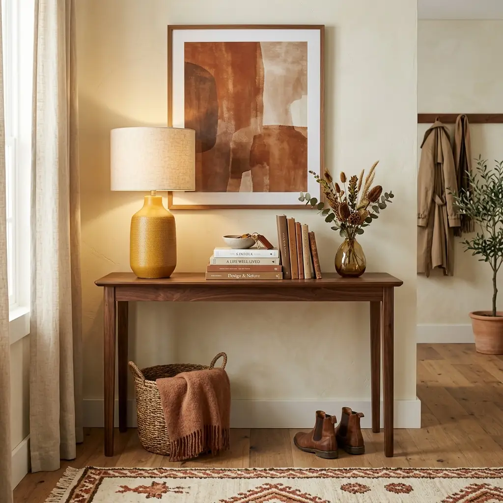 Espresso brown console with cream walls and an ochre lamp showing the 2026 warm brown trend