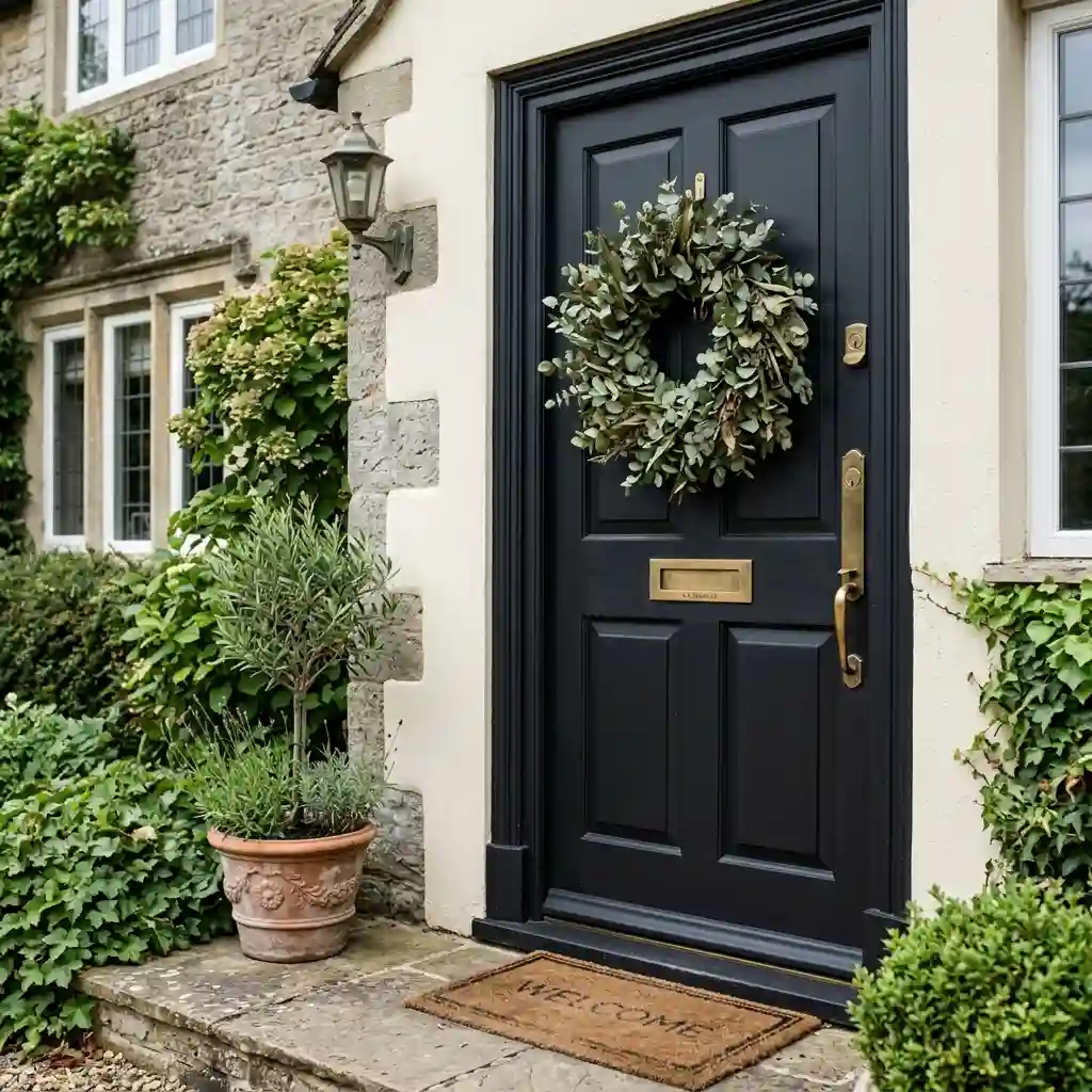 Single-material preserved eucalyptus wreath on a matte black front door with brass hardware