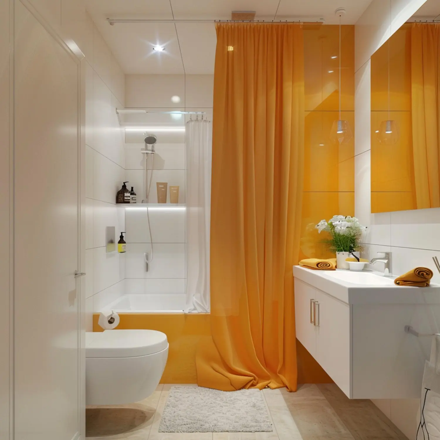 Styled bathroom with a floor-length neutral shower curtain, soft folds, and coordinated brass hardware