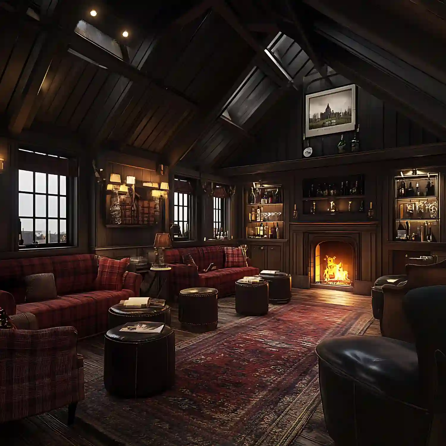 Rustic attic sports den with exposed timber beams, navy walls, cognac sofa, framed jersey, and matte-black lighting