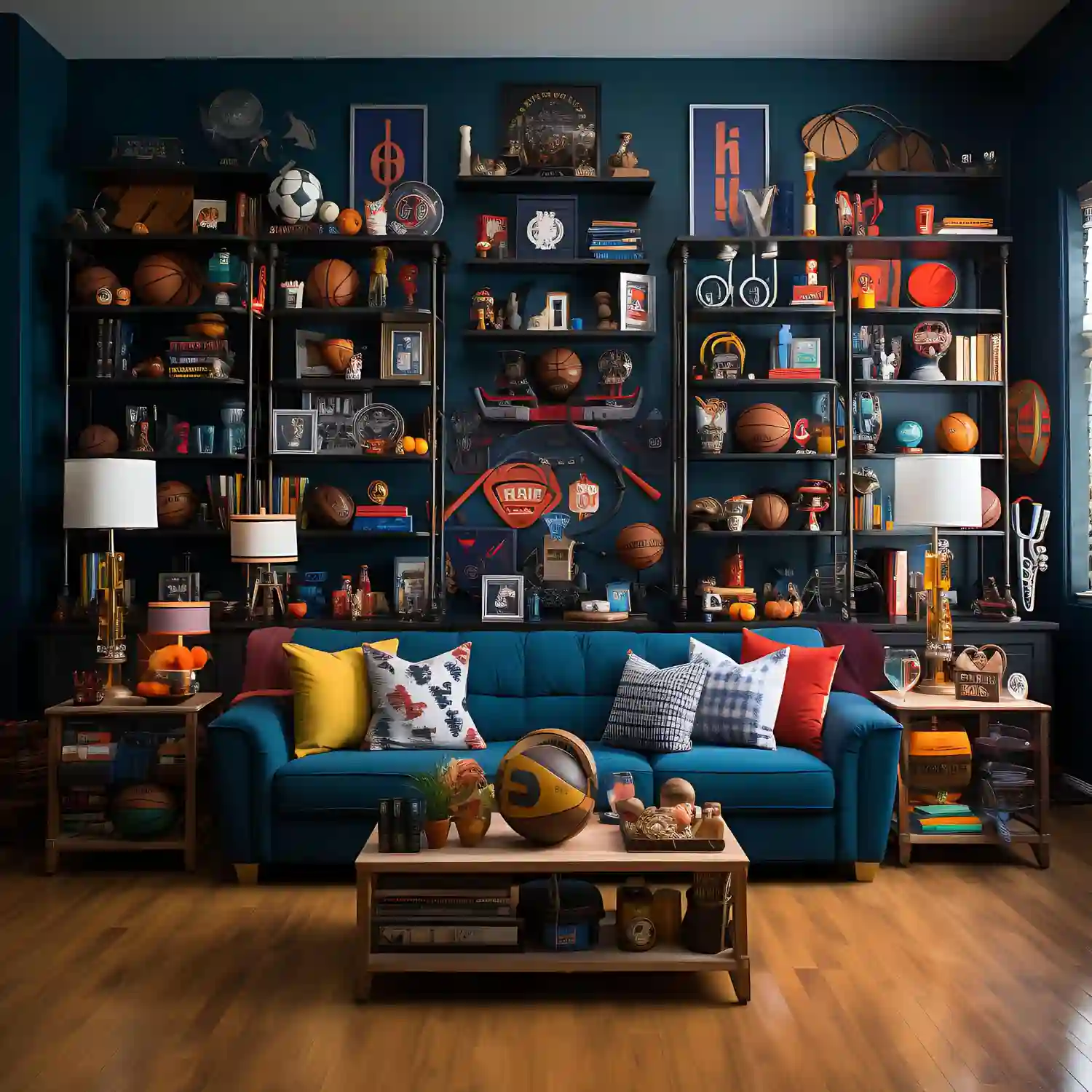 Exposed brick accent wall behind a TV in a dark industrial man cave