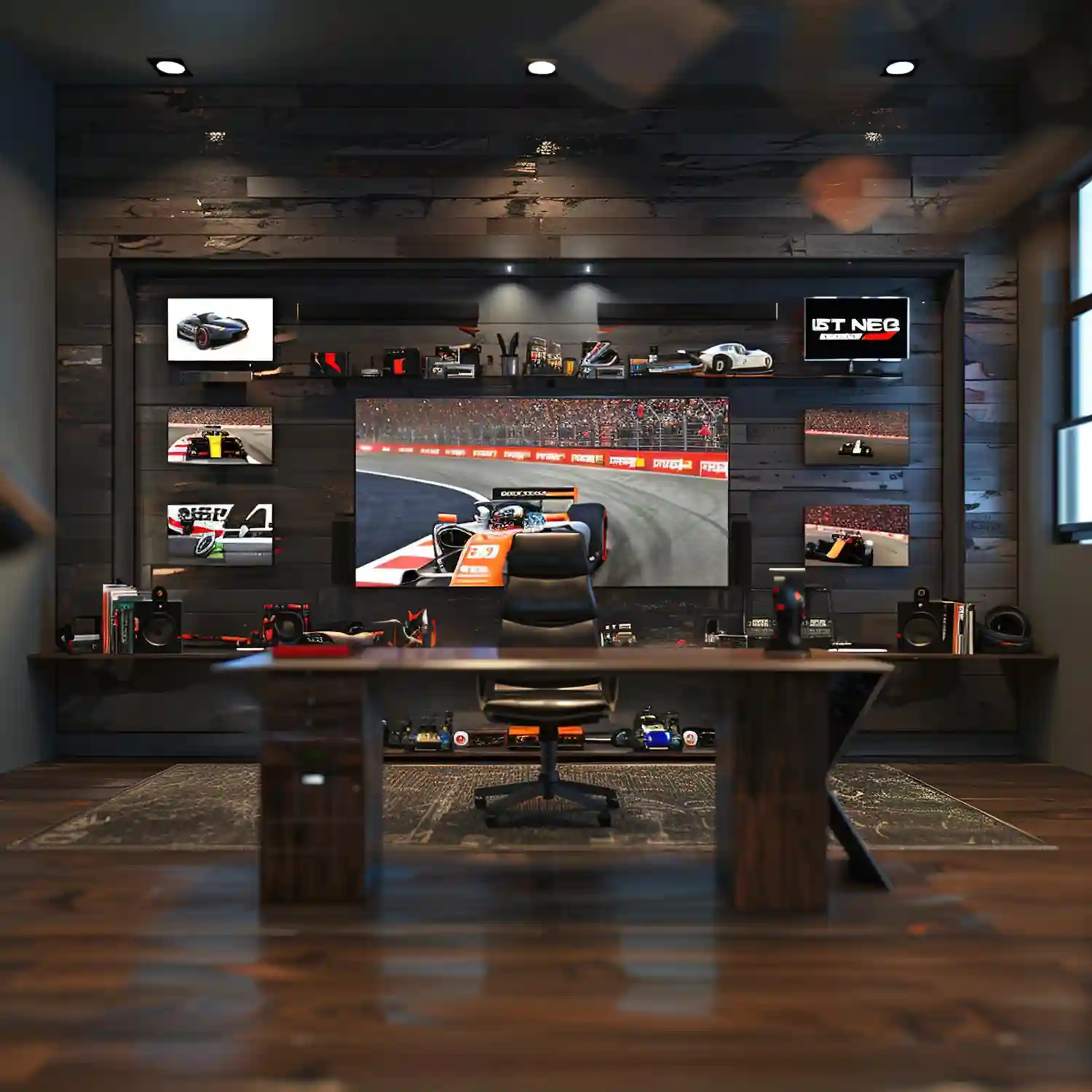 Exposed dark walnut wood beams across a rustic man cave ceiling
