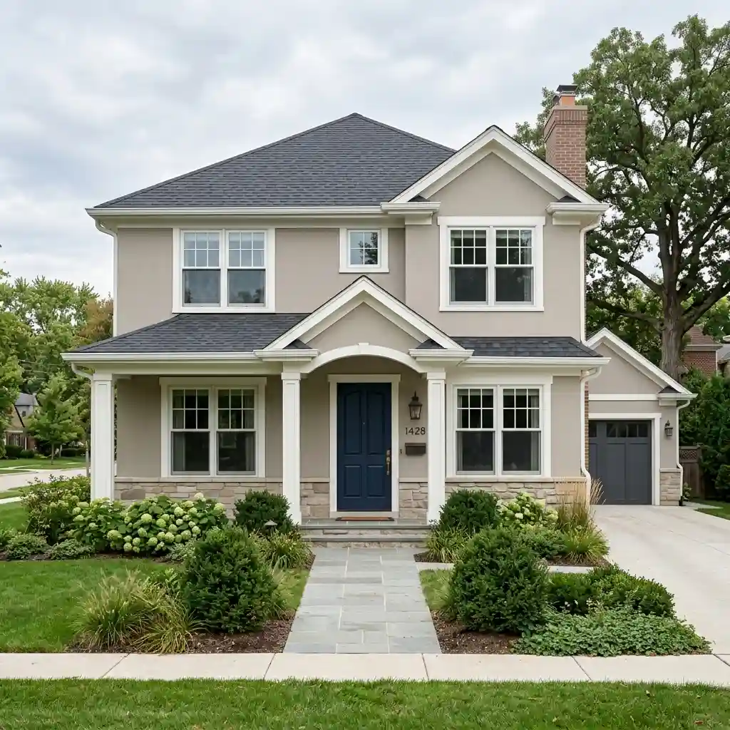 House front showing the four fixed colors of wall, trim, roof and door before any seasonal styling