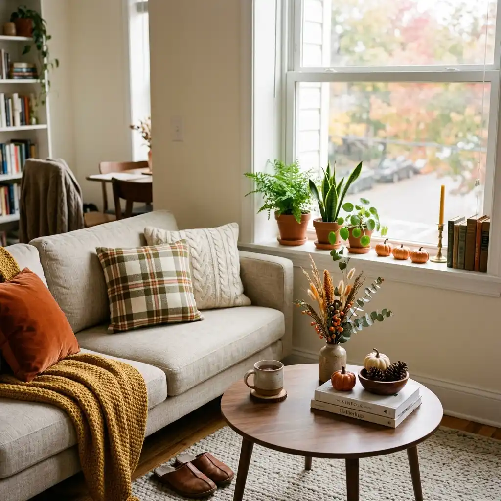 Fall apartment decor arranged across a sofa, low table and windowsill in one small open-plan rental room