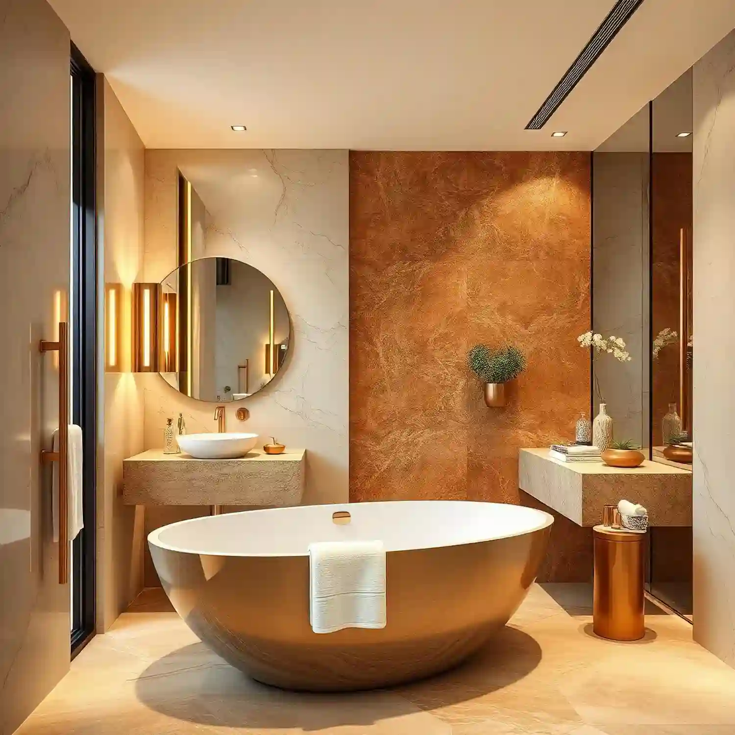 Fall bathroom decor palette of warm cream, clay, rust, and soft oak on a styled vanity