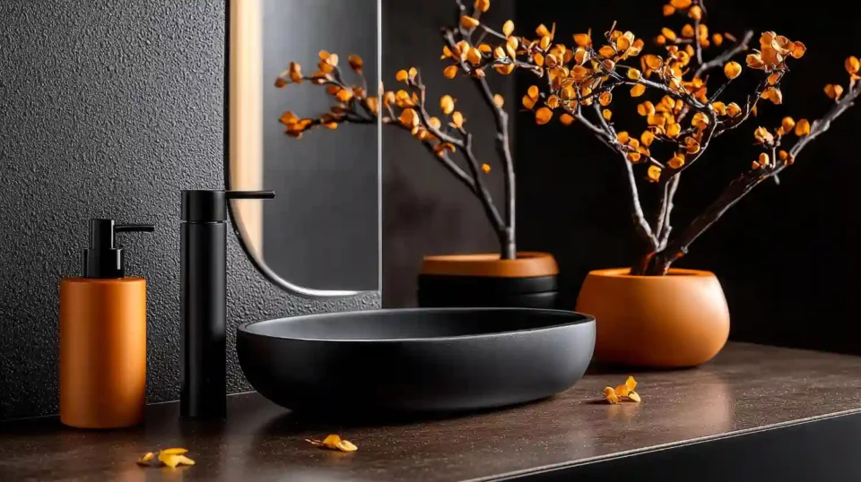 Styled bathroom vanity in fall with warm rust hand towel, wood tray, amber candle, and dried stems