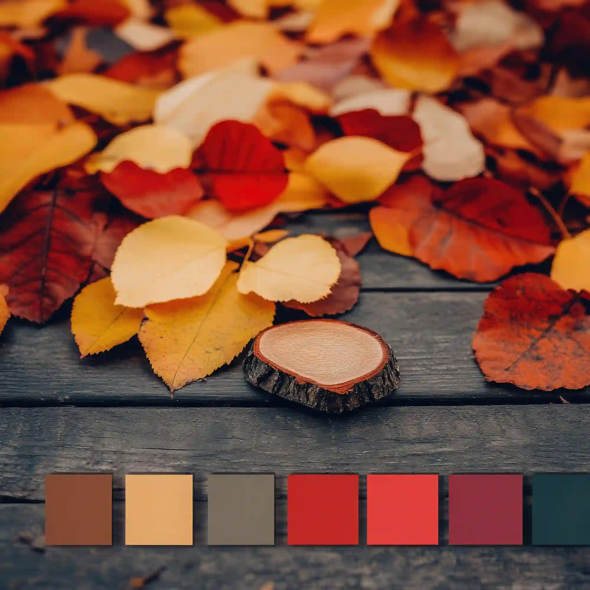 Autumn colour palette of cream, camel, terracotta and deep burgundy shown in fabric swatches and ceramic vases