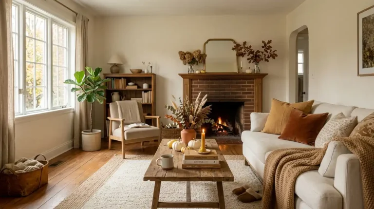 Warm neutral living room styled for autumn with cream walls, camel throw, and ochre accents