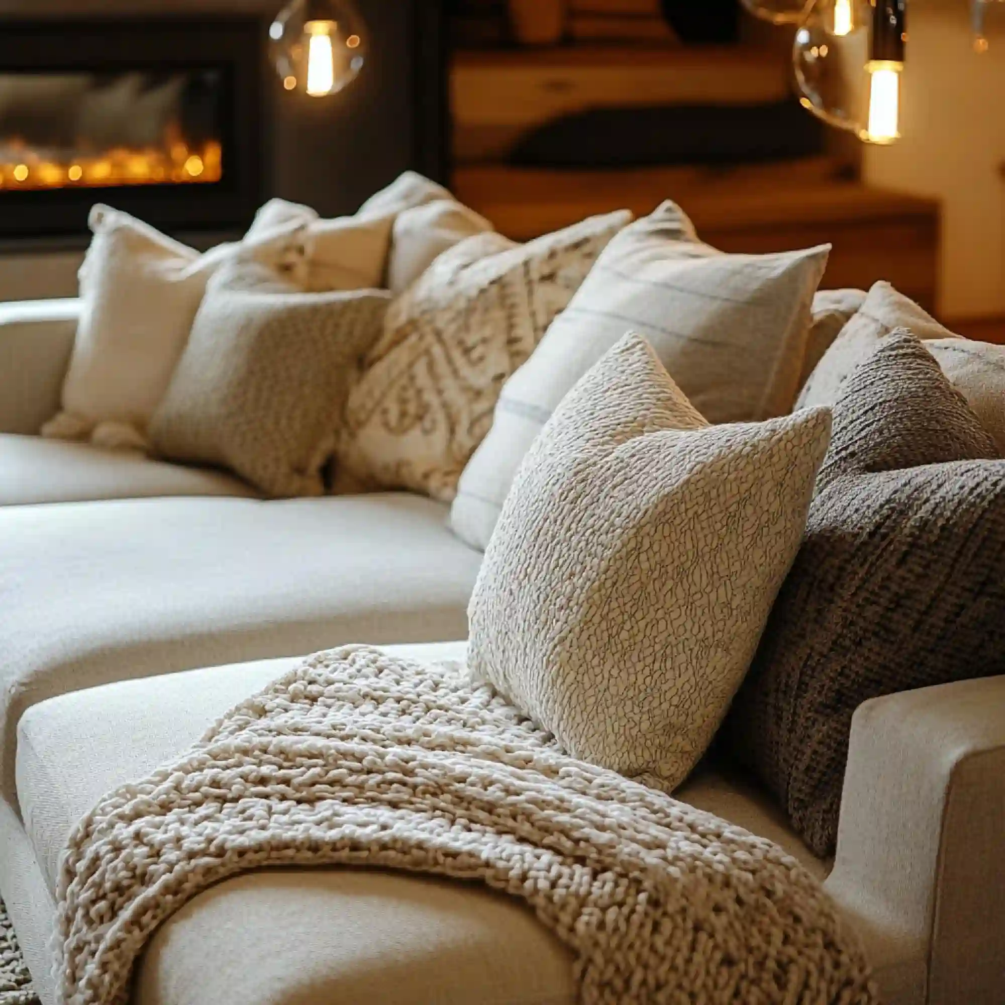 Close-up of layered autumn textiles including boucle cushion, wool throw and woven basket