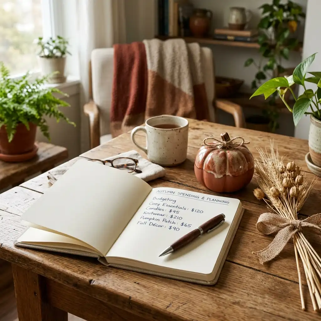 Notebook and pen on a wooden table beside a small ceramic pumpkin and dried wheat, used for planning autumn spending