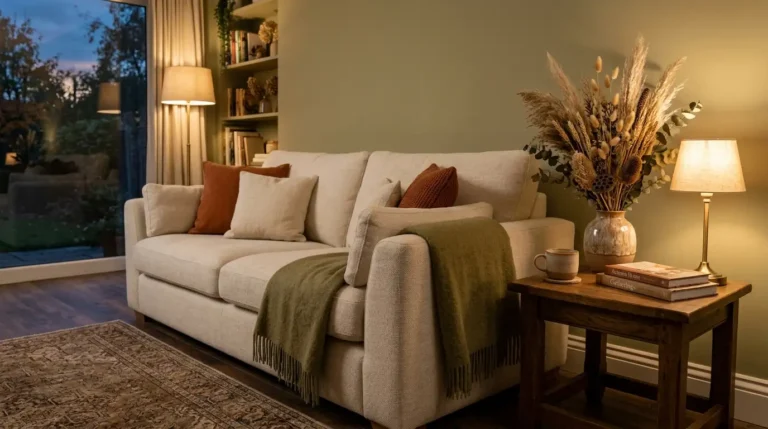 Warm autumn living room with cream linen sofa, olive throw, dried grass arrangement and lamplight at dusk