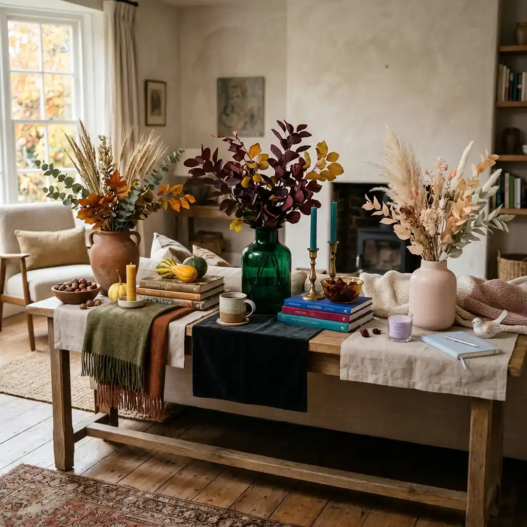 Console table crowded with three competing autumn arrangements in terracotta, green glass and pink vases with mismatched runners, gourds and teal candles