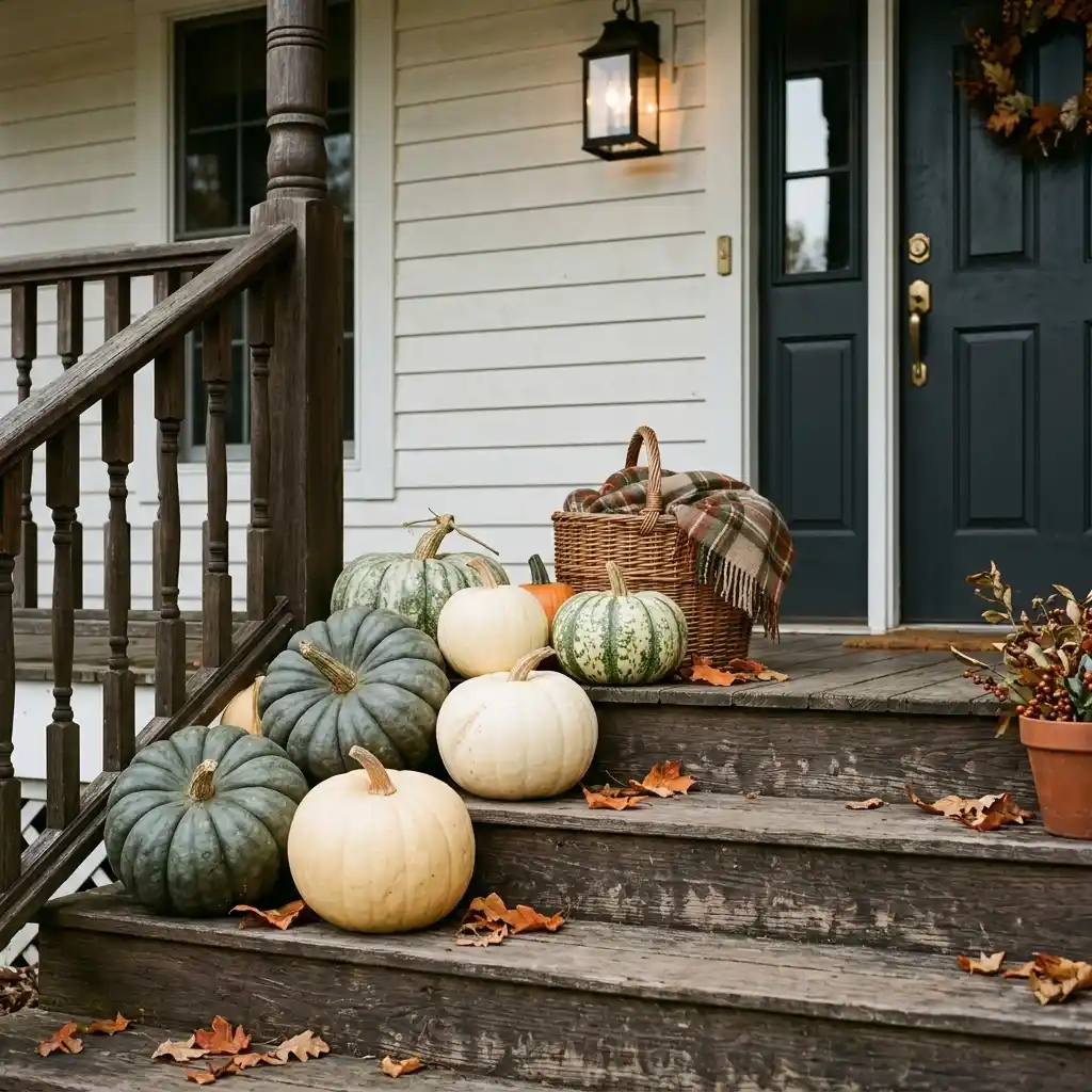 Autumn styled home showing a front entry, seating area and dining table in the same warm palette
