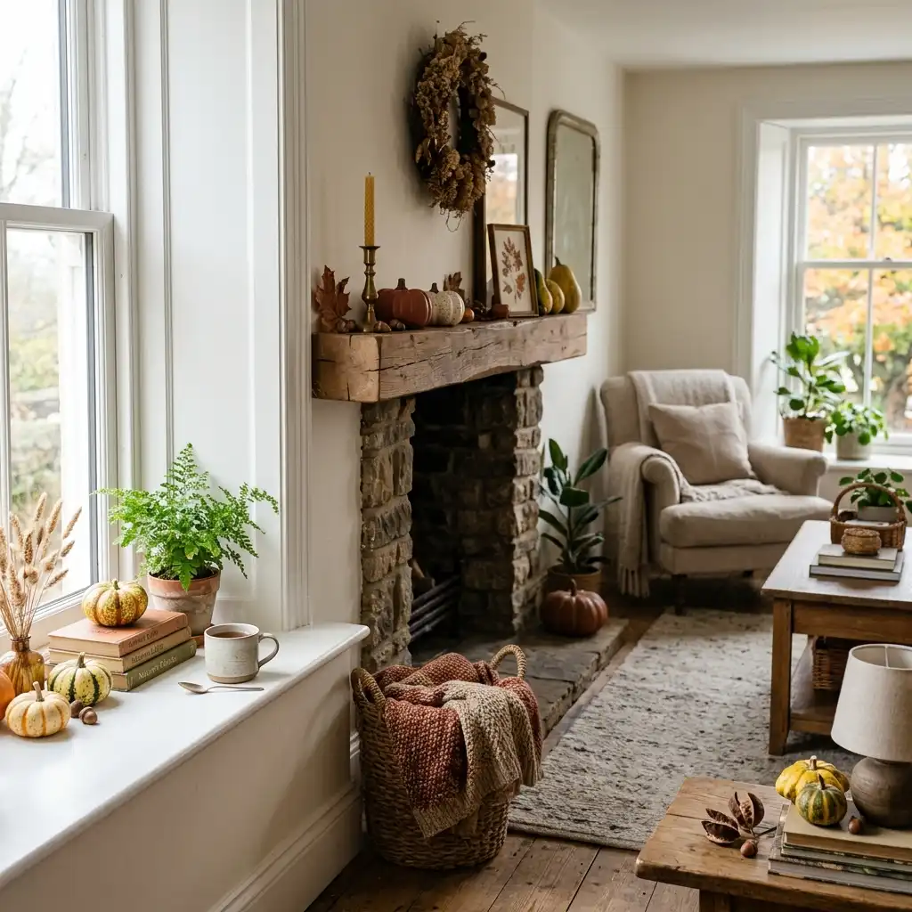 Living room with small autumn objects scattered across a mantel, console, and windowsill in cool overhead light