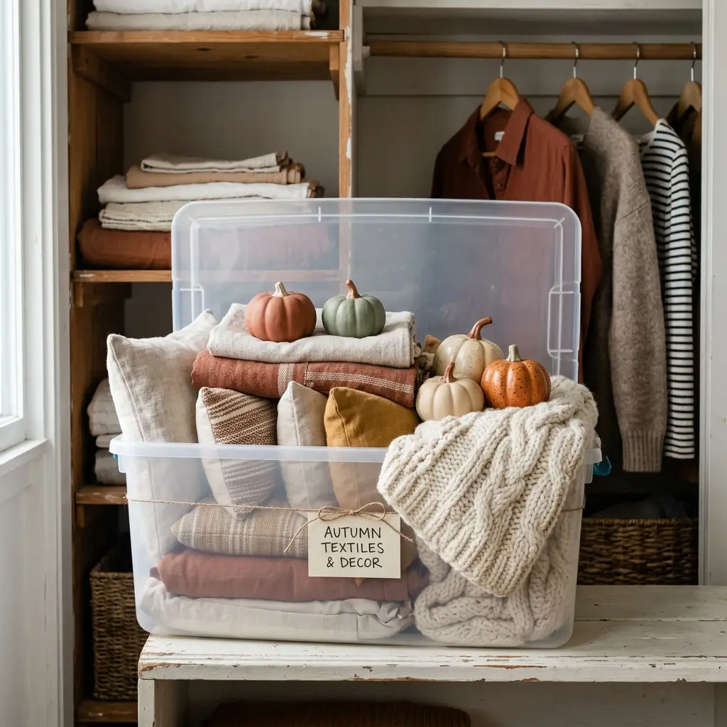 Open storage bin packed with folded pillow covers, a knit throw and small ceramic pumpkins in a closet