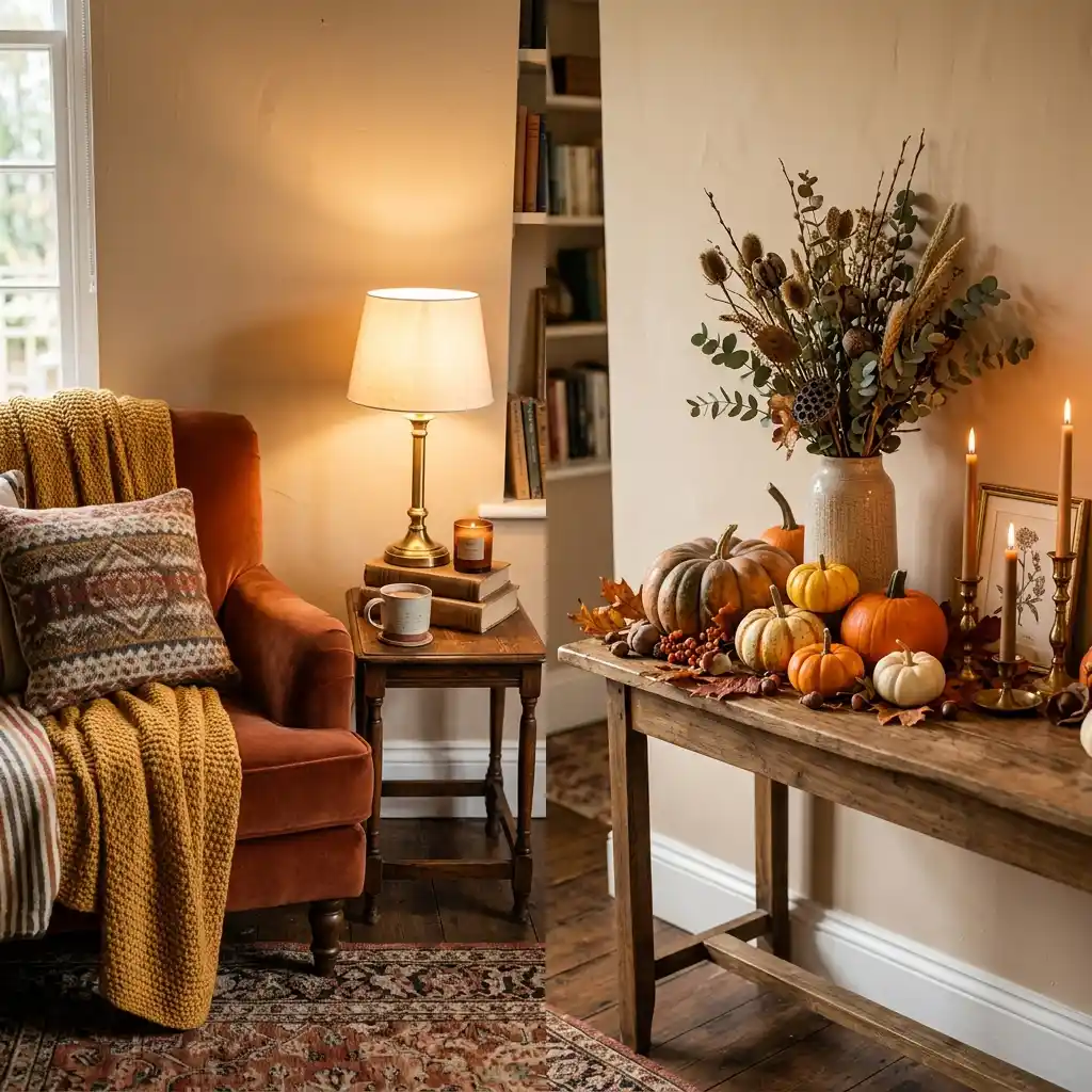 Two styled corners side by side, one with warm textiles and lamplight, one with pumpkins and dried branches