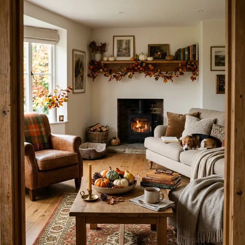Living room seen from the doorway with autumn styling on both a near coffee table and a distant high shelf