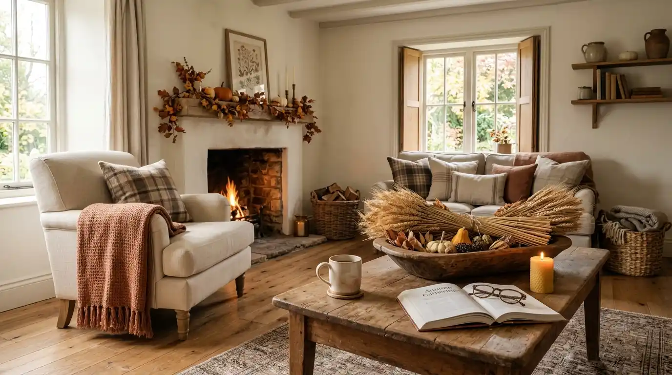 Farmhouse living room styled for autumn with warm white walls, a wood dough bowl of dried wheat and a clay throw