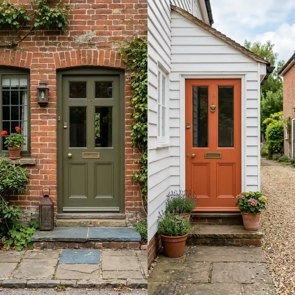 Aged brass handleset, matching knocker, kick plate and 4-inch house numbers on a deep olive front door