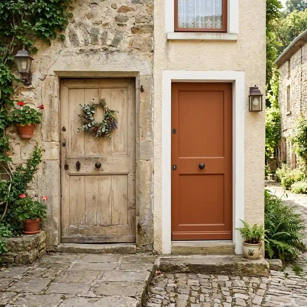 Warm cream front door mid-refresh with a paint tin, new house numbers and painter's tape marking a hanging point