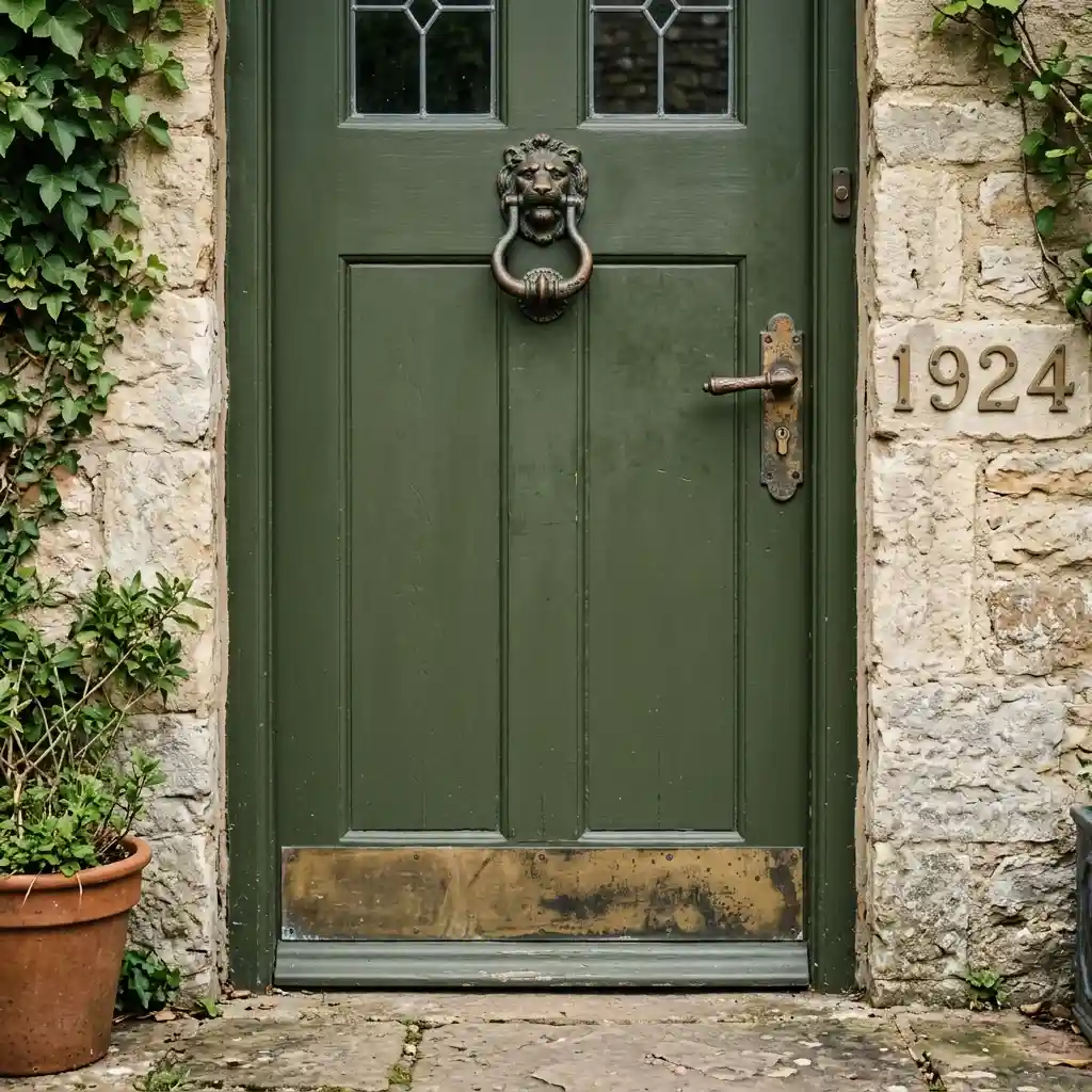 Deep olive door against red brick beside a terracotta door against white siding, shown side by side